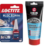 LOCTITE Colle "Bloc Écrou" - Résine autobloquante pour éviter le desserage par vibration de boulons & 3-EN-UN Technique • Graisse Universelle au Lithium • Tube • Forte adhérence