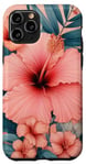 Coque pour iPhone 11 Pro Fleurs d'hibiscus esthétiques - Pétales de corail et feuilles bleu sarcelle