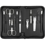 Kit manucure Solingen 12 pièces - kit ongle, coupe ongle, limes a ongles professionnelle, pince a epiler, repousse ongles, pousse cuticule, étui en cuir synthétique avec effet de fibre de carbone