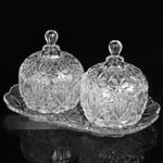 3PC Glass Sweet Sugar Bowl With Lid Tray Crystal Effect Candy Bonbon Dish Jar