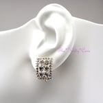 Silver Rhodium Plated Rectangle Trellis Clip-on Earrings w/ Swarovski Crystals