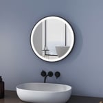 Miroir salle de bain éclairé Rond 50cm, Miroir Mural Rond lumineux avec Interrupteur Tactile, avec Bracelet en simili-cuir noir - Meykoers