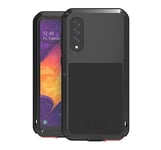 LOVE MEI pour Samsung Galaxy A50 Coque, Heavy Duty Robust Aluminium Métal Coque Antichoc Anti-Drop Anti-poussière Hybride Bumper Cover avec Verre trempé pour Samsung Galaxy A50 6,4 Pouces (Noir)