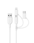 Anker PowerLine II 3-in-1 Cable, Lightning/Type C/Micro USB Cable for iPhone, iPad, Huawei, HTC, LG, Samsung Galaxy, Sony Xperia, Android Smartphones, and More(3ft) (White)