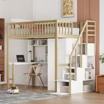 Lit mezzanine 90 x 200 cm, lit enfant avec armoire, étagères de rangement, table, escalier de rangement, en bois, blanc+naturel