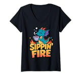 Womens Sippin’ Fire Cute Dragon Tea Lover V-Neck T-Shirt