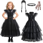 Barn Flickor Onsdag Addams Familjen Kostym Halloween Klänning Födelsedagsfest Klänning Bälte Peruk Dress Belt Wig 130cm