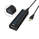 NÖRDIC powered 11-ports USB 3.0 HUB med individuell switch 5Gbps 12mm kabel aluminium svart med nätdel