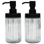 Premium Suanti 2-Pack Ribbed Glass Soap Dispenser Set for Bathroom & Kitchen Sink,Easy Refill Wide-Mouthed Soap Bottle with Matte Black Pump for Liquid Hand Dish Soap, Shower Gel, Shampoo-425ml, Clear