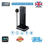 MASTERPLUG SURGE PROTECTED 2M 8 GANG TOWER EXTENSION LEAD +2x USB GLOSS BLACK