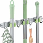 Jusch - Porte Balai Mural, en Acier inoxydable, Support de Balai avec 3 Clips et 4 Crochets,Support de Rangement Mural Organisateur pour Cuisine