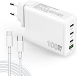 Chargeur Rapide Usb-C 100W, Adaptateur Secteur 4 Ports Gan Type C Avec Câble, Compatible Avec Macbook Pro/Air, Lenovo/Hp/Dell, Iphone 15/14, Ipad Pro, Google Pixel, Samsung Galaxy S23/S22, Steam Deck