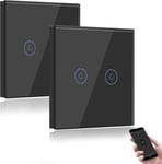 Interrupteur Connecte Wifi,Noir Interrupteur Va Et Vient Sans Fil Avec Ecran Tactile,2 Gang 2 Voie Interrupteur Tactile Mural Wifi,Compatible Avec Alexa Et Google Home(Ligne Neutre Requis)-2Pack