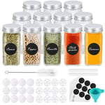 Gifort Glass Spice Jars with Shaker Lids, 12 PCS Square Spice Bottles 120ml for Spice Cabinet, Empty Seasoning Jars with 72 Labels, 2 Pens and 1 Funnel for Herbs Seeds and Small Items