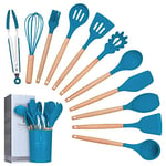 Silicone Cooking Utensils Kitchen Utensil Set, 12 Pieces Natural Wooden Handles Cooking Tool BPA Free Non Toxic Silicone Turner Tongs Spatula Spoon Kitchen Gadgets Utensil Set (Blue)