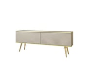 Meuble TV Avec Lamelles  Beige Avec Pieds En Or, 135 X 53 X 32 Cm