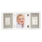 Dooky Gift Set Empreinte de main avec cadre photo + boîte à souvenirs pour bébé (cadre photo triple dans boîte à souvenirs de luxe, avec pâte à modeler, testé SGS), blanc