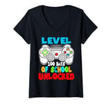 Womens Level 100 Days Of School Unlocked Video Games Boys Gamer V-Neck T-Shirt