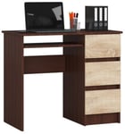 Bureau d'ordinateur AKORD droit A6 Wengé 90 cm 3 tiroirs façade Chêne Sonoma 1 étagère 90x50x77 cm