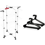 Vileda Mixer 3 Indoor Tower Airer New, White, 5 x 127.5 x 71 cm & KEPLIN Adult Plastic Coat Hangers - 25pk, Black Colour, Strong Clothes Hangers