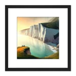 Summer Coastal Landscape White Cliffs at Dawn Modern Oil Painting Square Wooden Framed Wall Art Print Picture 8X8 Inch