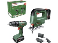 Bosch Batteridrevet Slagbormaskin Easyimpact 18V-40 & Batteridrevet Stikksag Easysaw 18V-70, Verktøysett (Grønn/Svart, 2X Li-Ion Batteri 2.0Ah, Koffert, Power For All Alliance)