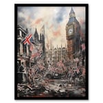 Artery8 Riot At Westminster Anarchy In The UK Big Ben Chaos Dystopian Artwork Framed Wall Art Print A4