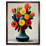 Midcentury Style Bright Floral Bouquet Flowers Painting Orange Yellow Red Turquoise Art Print Framed Poster Wall Decor 12x16 inch