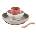 BÉABA, Set Vaisselle Silicone Repas Bébé, Avec Ventouse, Anti-dérapant, 4 Pièces, Assiette + Bol+ Verre + Cuillère, Silicone Saine et Durable, Compatible lave-vaisselle, Micro-onde, Terracotta