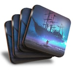 Set of 4 Square Coasters - Ghost Magical Ship Pirate Fantasy  #14022