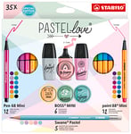 STABILO - Coffret Pastellove x 35 pièces : 12 feutres Pen 68 Mini + 6 stylos point 88 Mini + 12 surligneurs BOSS MINI Pastellove 2.0 + 5 crayons à papier Swano pastel