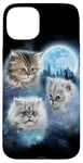 Coque pour iPhone 15 Plus Trois chats mignons engloutis dans les nuages de galaxie sous la lune glacée