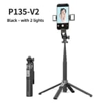 Xiaomi-Perche à selfie extensible,trépied de 135cm avec 2 lumières LED pour Vzone,diffusion en direct,voyage - Type Black With 2 light