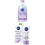 NIVEA routine visage Eau Micellaire APAISANTE Peaux Sensibles, démaquillant et nettoyant visage pour yeux & lèvres (1x400 ml) et Soin Jour Essentials 24H Hydratant et Apaisant peau sensible (1x50 ml)