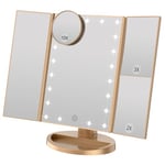 WEILY Miroir de Maquillage, 21 LED et grossissement 2X/ 3X, Interrupteur Tactile pour régler la luminosité, Mode d'alimentation Double Miroir à Trois Volets (Or)