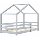 Lit cabane pour enfant forme de maison avec barrière de sécurité en bois de pin gris 70 x 140 cm