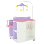 Olivia's Little World Little Princess Baby Doll Two-Sided Wooden Baby Doll Changing Station with Storage Shelves, Closet, Highchair, Changing Table, and Sink, White with Purple and Pink accents