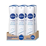 NIVEA Pure Invisible Spray Déodorant 6 x 150 ml Déodorant rafraîchissant qui ne laisse aucun résidu sur la peau et les vêtements, Deo Spray qui protège pendant 48 heures