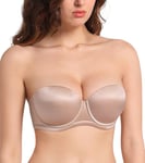 Lemorosy Soutien-Gorge Femme sans Bretelle Push Up à Armature Rembourré Multiposition Support (Beige,105A)