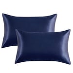 Bedsure Satin Pillowcase for Hair and Skin - Similar to Silk Pillowcase, Pillow Cases 2 Pack with Envelope Closure, Gifts for Women, Queen & Standard Size 50 x 75 cm, Navy Blue