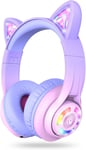 iClever Bluetooth Kids Headphones, BTH13 Cat Ear LED Light Up - PINK GRADIENT