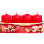 Lot de 4 bougies piliers, pour couronne de l'Avent, rouge de l'Avent, parfum pomme - Amande avec bâton de cannelle et citron - Contenu de la livraison : 4 bougies - Durée de combustion : environ 10 h