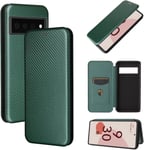 Compatible Avec Coque Google Pixel 6 Pro, Mince Flip Fibre De Carbone [Test De Chute] Antichoc Stand Fente Avec Carte, Protecteur D'écran En Verre Trempé*2-Vert