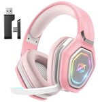 Ozeino Wireless Gaming Headset with Microphone, 2.4G & Type C Transmitter - 30h Battery Life - RGB Lighting Gaming Headphones for Ps5, Ps4, PC, Switch, Phone (Pink)