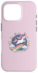 Coque pour iPhone 16 Pro Licorne ludique volant à travers le ciel étoilé avec arc-en-ciel