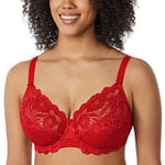 DELIMIRA Femme Soutien Gorge Grande Taille en Dentelle avec Armature sans Rembourré Rouge à lèvres 85F