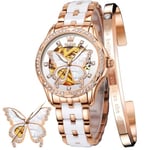 OLEVS Montre automatique pour femme - Or rose - Squelette mécanique - Remontage automatique - Élégante robe de luxe - Diamant blanc - Bracelet en céramique - Cadeau, 6622 : nacre, Bracelet