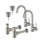 Fortifura Calvi Kit robinet lavabo - pour double vasque - robinet haut - bec rotatif - bonde non-obturable - siphon design bas - Inox brossé PVD