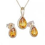 9ct Gold Citrine Set Pendant Stud Earrings Yellow Natural Gemstone Infinity Loop