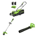 Greenworks 2X24V 36cm brushless Mower,Trimmer,24V Blower Combo kit Include 2X2Ah Battery and Dual Slot Charger